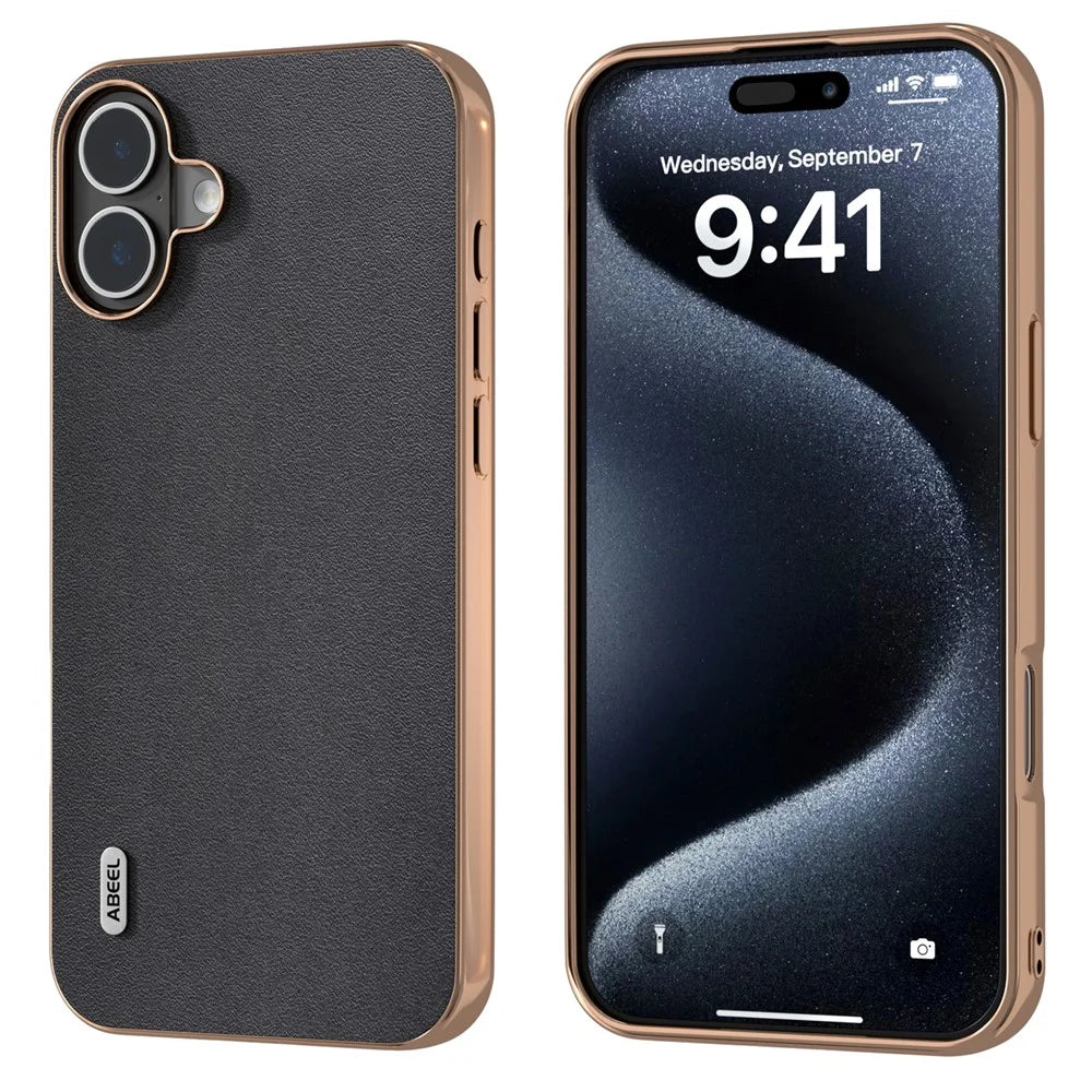 ABEEL For iPhone 16 Case Electroplating Edge Genuine Cow Leather+PC+TPU Phone Cover - Black - 1