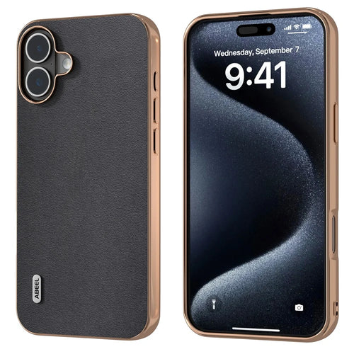 ABEEL For iPhone 16 Case Electroplating Edge Genuine Cow Leather+PC+TPU Phone Cover - Black - 1