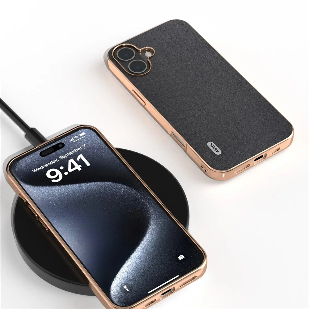 ABEEL For iPhone 16 Case Electroplating Edge Genuine Cow Leather+PC+TPU Phone Cover - Black - 2