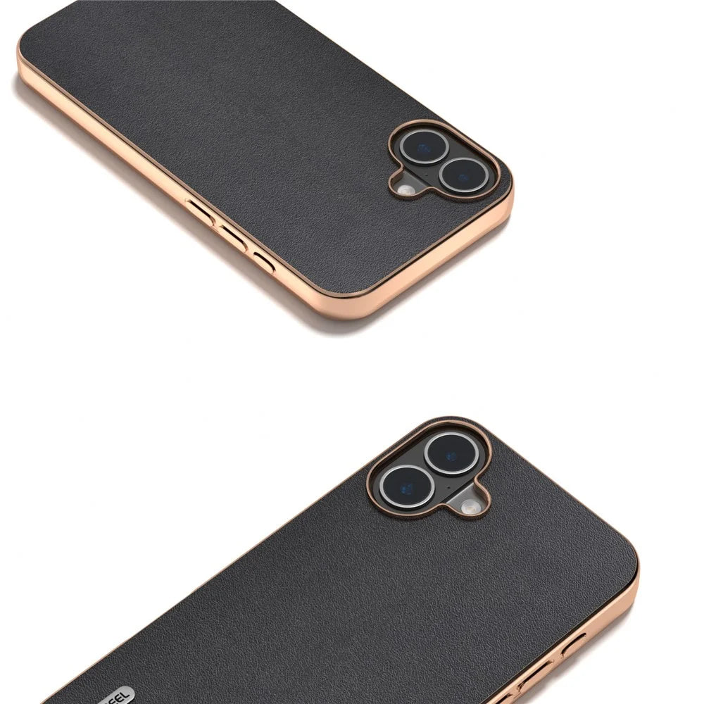 ABEEL For iPhone 16 Case Electroplating Edge Genuine Cow Leather+PC+TPU Phone Cover - Black - 3