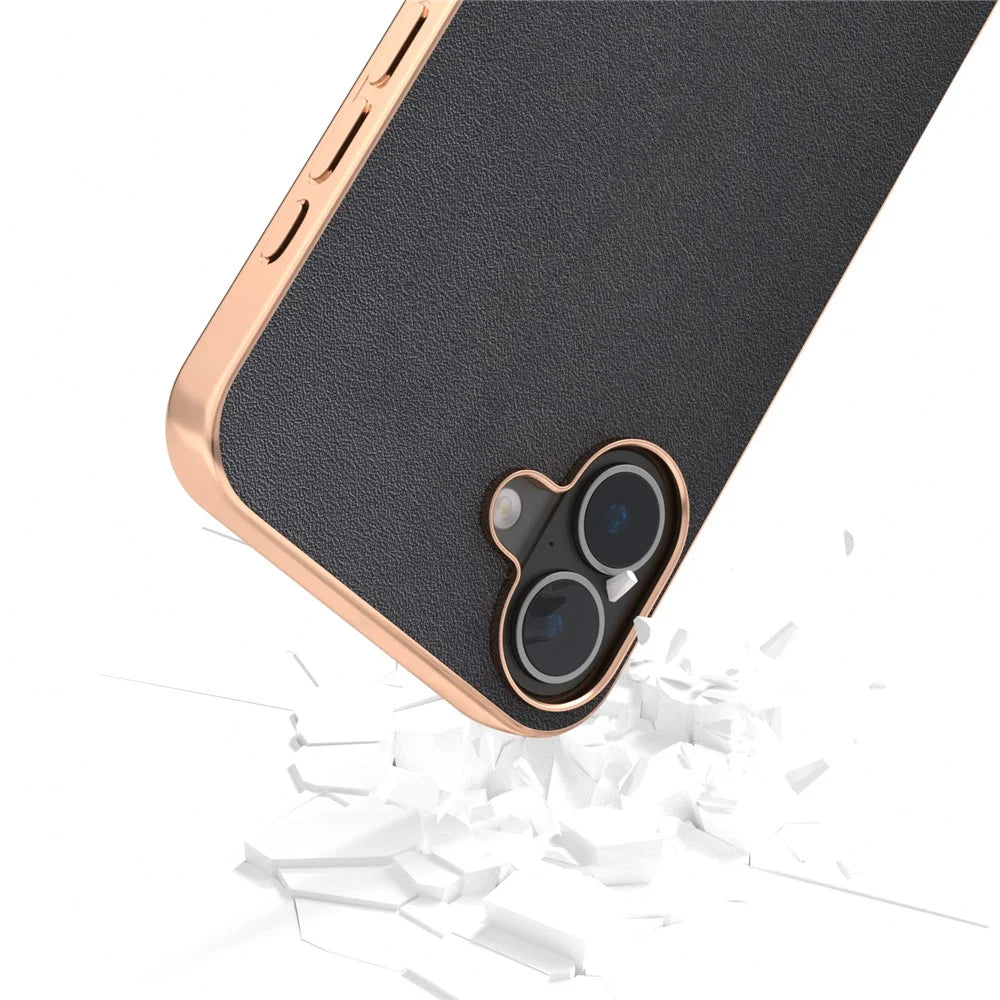 ABEEL For iPhone 16 Case Electroplating Edge Genuine Cow Leather+PC+TPU Phone Cover - Black - 4