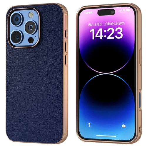 For iPhone 16 Pro Max Case Electroplating Edge PU Leather Coated TPU+PC Phone Cover - Blue - 1