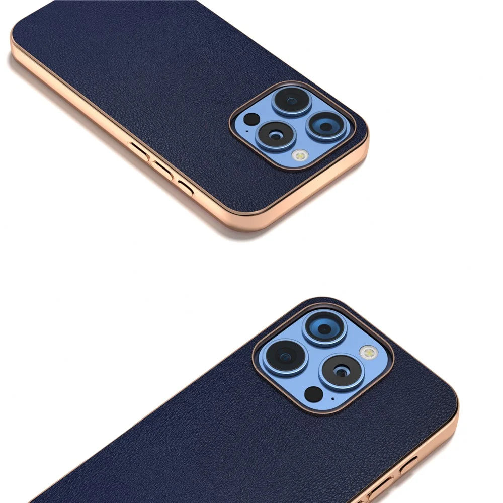 For iPhone 16 Pro Max Case Electroplating Edge PU Leather Coated TPU+PC Phone Cover - Blue - 2