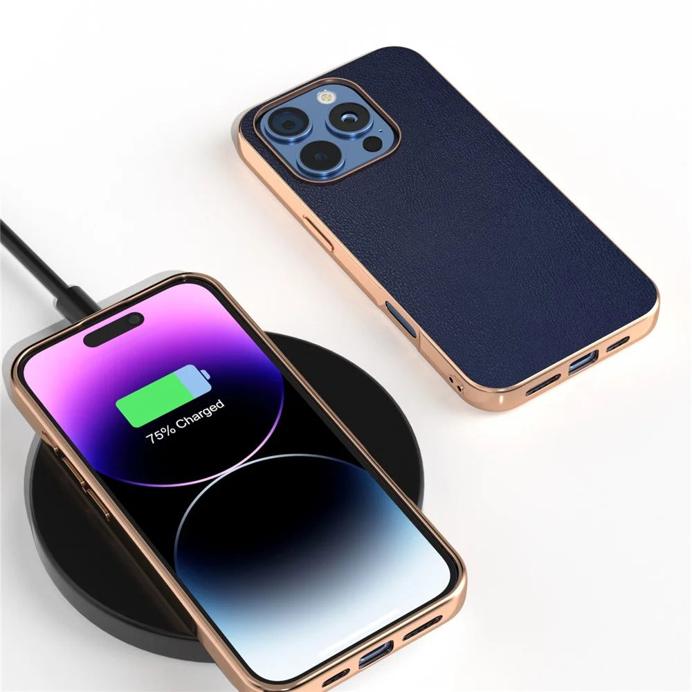 For iPhone 16 Pro Max Case Electroplating Edge PU Leather Coated TPU+PC Phone Cover - Blue - 4