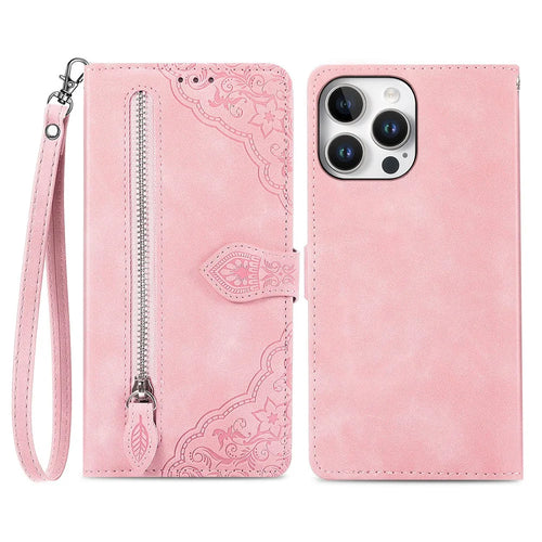 For iPhone 16 Pro Max Zipper Wallet Case with Strap Flower Imprint PU Leather Phone Cover - Pink - 1