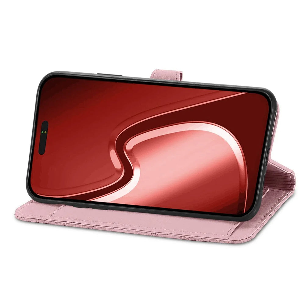 For iPhone 16 Pro Max Zipper Wallet Case with Strap Flower Imprint PU Leather Phone Cover - Pink - 3