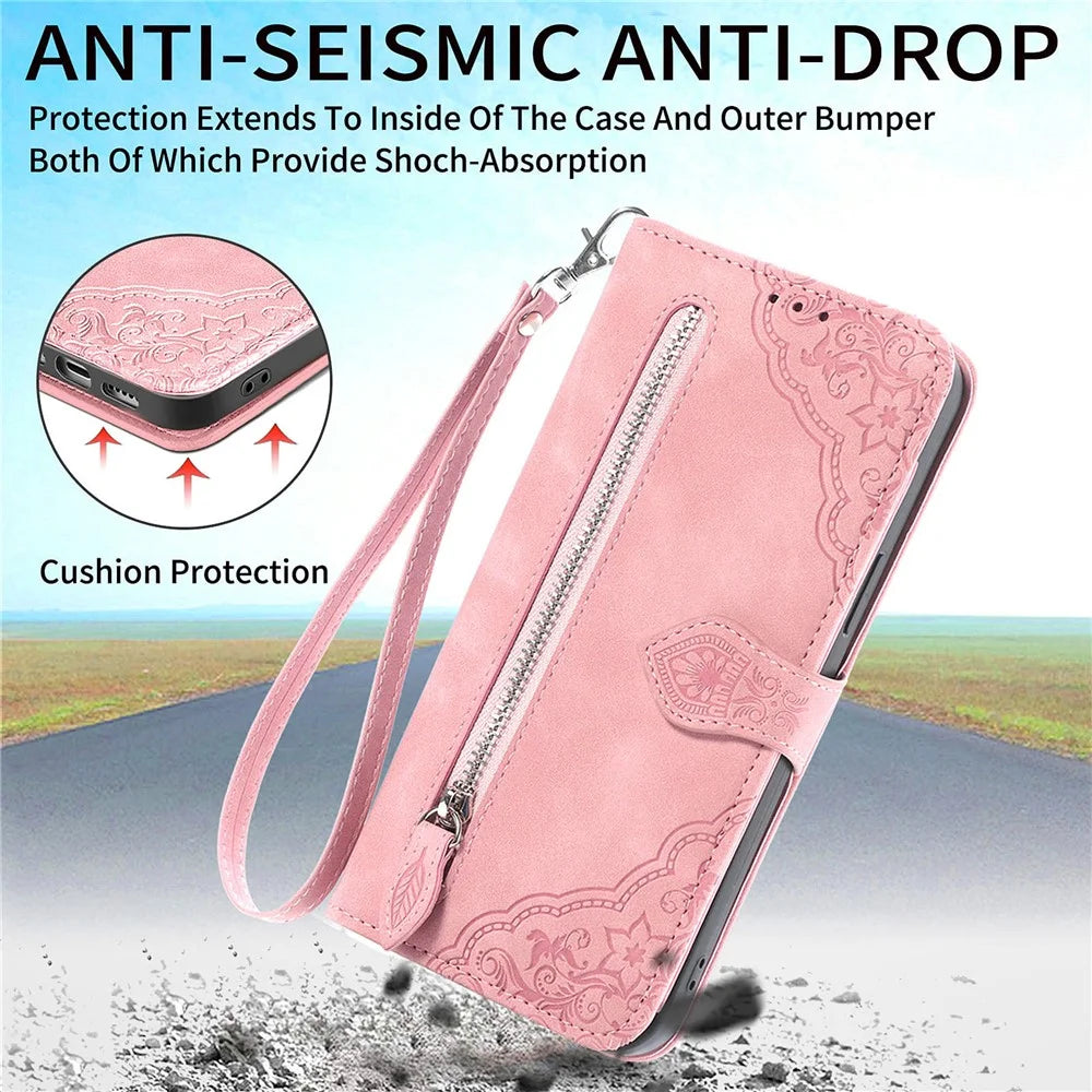 For iPhone 16 Pro Max Zipper Wallet Case with Strap Flower Imprint PU Leather Phone Cover - Pink - 5