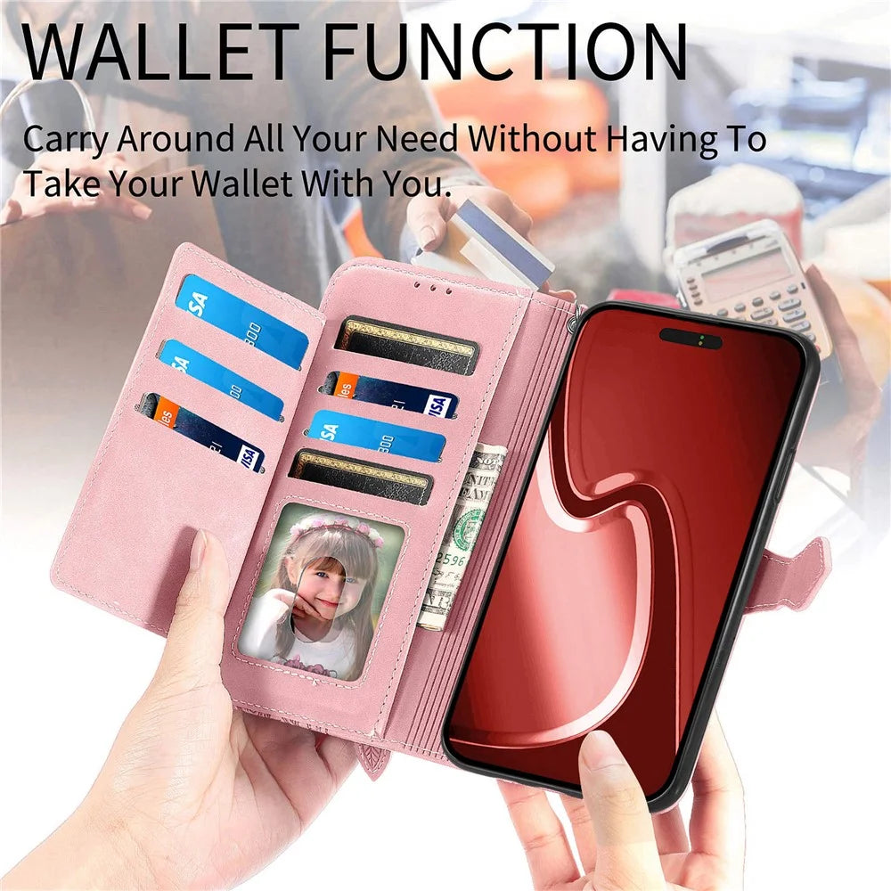 For iPhone 16 Pro Max Zipper Wallet Case with Strap Flower Imprint PU Leather Phone Cover - Pink - 6