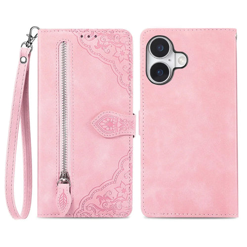 For iPhone 16 Zipper Wallet Case with Strap Flower Imprint PU Leather Phone Cover - Pink - 1