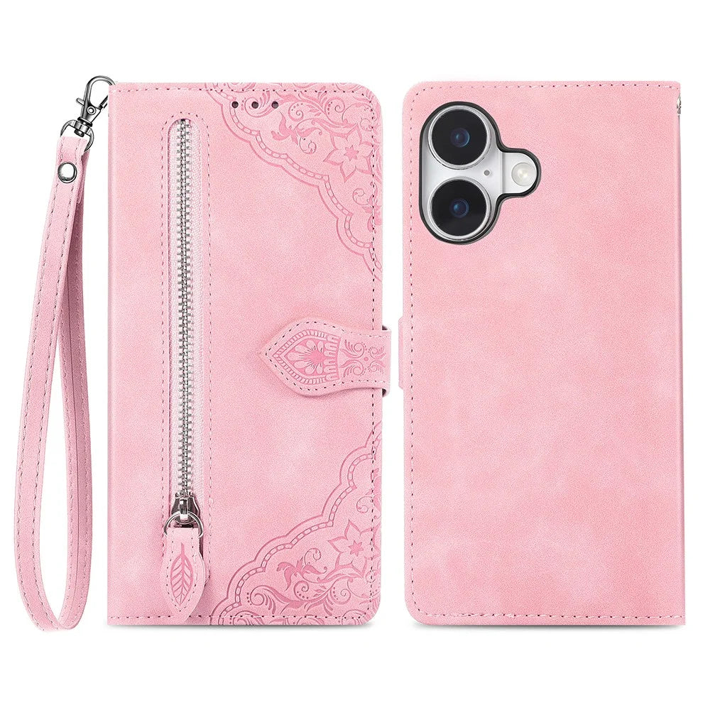 For iPhone 16 Zipper Wallet Case with Strap Flower Imprint PU Leather Phone Cover - Pink - 1