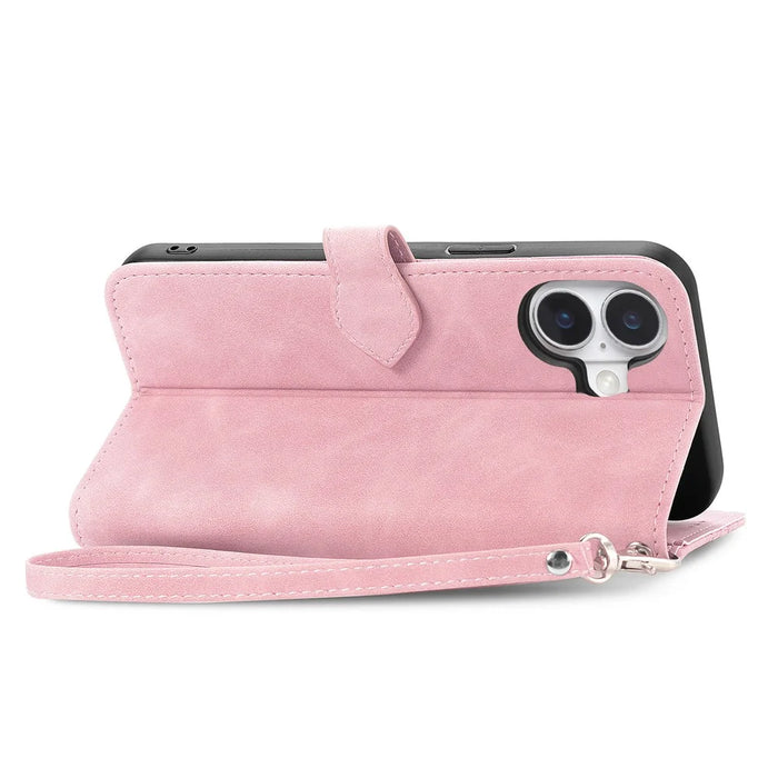 For iPhone 16 Zipper Wallet Case with Strap Flower Imprint PU Leather Phone Cover - Pink - 4