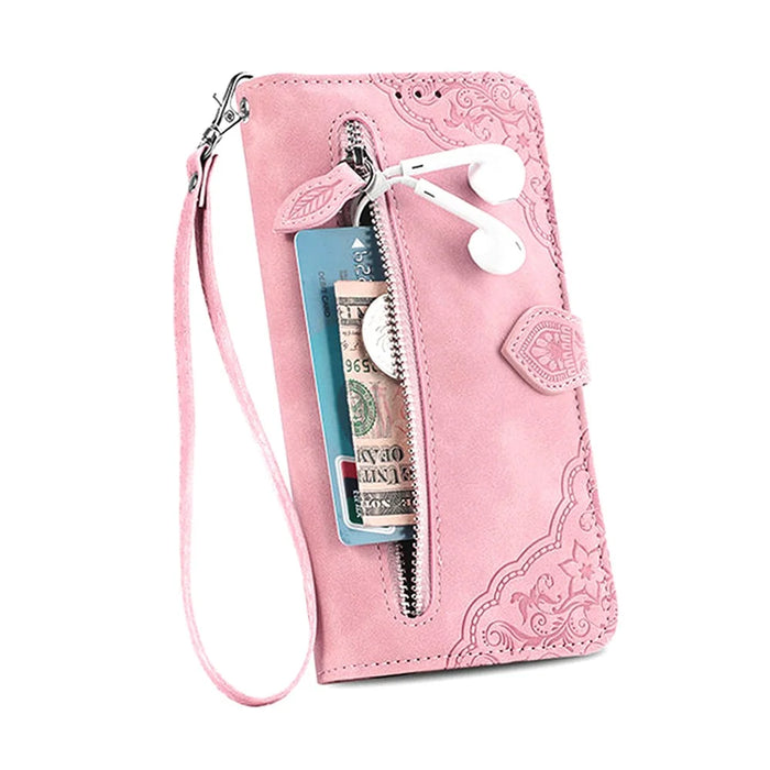 For iPhone 16 Zipper Wallet Case with Strap Flower Imprint PU Leather Phone Cover - Pink - 5