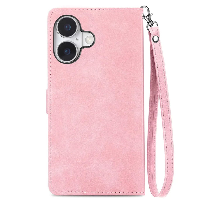 For iPhone 16 Zipper Wallet Case with Strap Flower Imprint PU Leather Phone Cover - Pink - 7