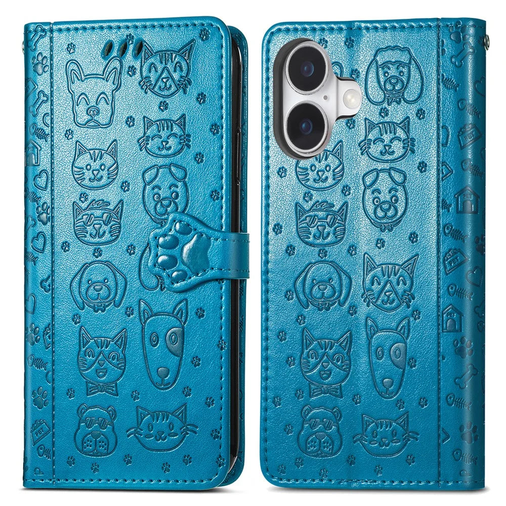 For iPhone 16 Leather Wallet Case Flip Phone Cover with Cute Cat Dog Pattern - Blue - 1