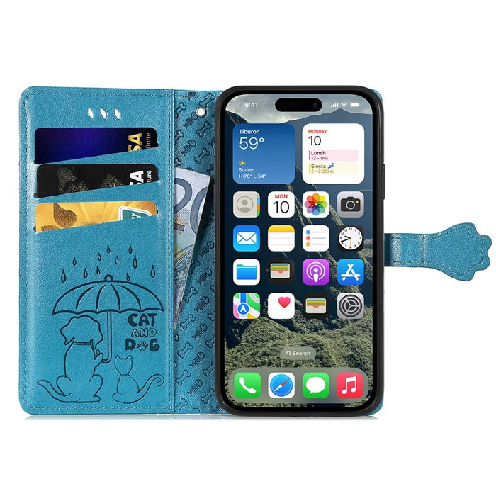 For iPhone 16 Leather Wallet Case Flip Phone Cover with Cute Cat Dog Pattern - Blue - 2