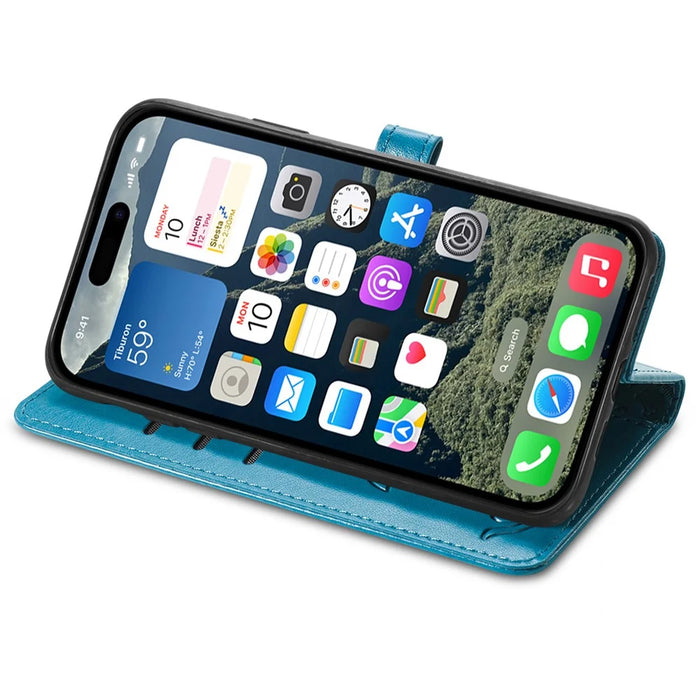 For iPhone 16 Leather Wallet Case Flip Phone Cover with Cute Cat Dog Pattern - Blue - 3