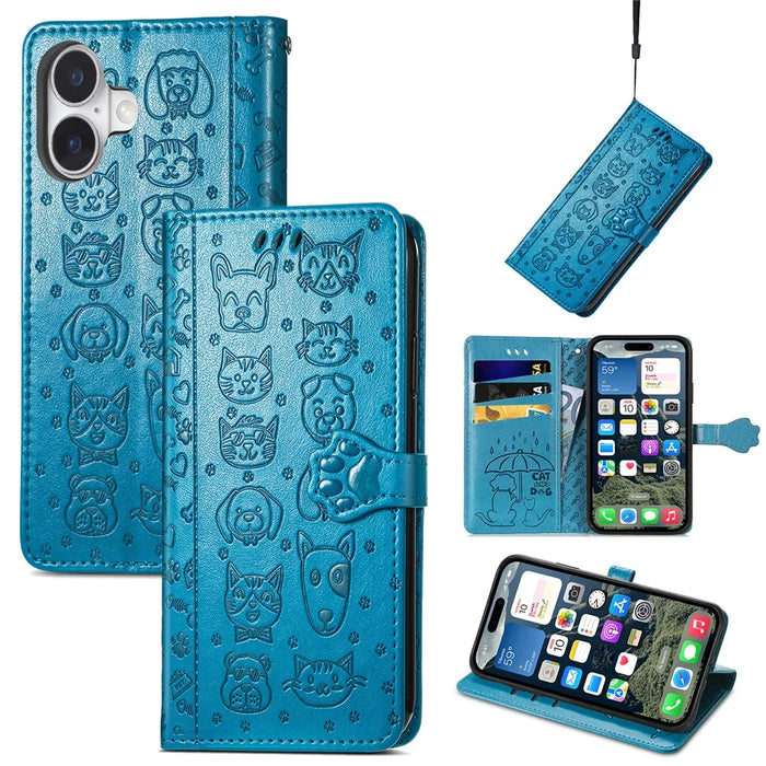 For iPhone 16 Leather Wallet Case Flip Phone Cover with Cute Cat Dog Pattern - Blue - 4