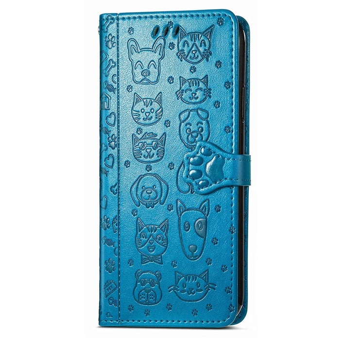 For iPhone 16 Leather Wallet Case Flip Phone Cover with Cute Cat Dog Pattern - Blue - 5