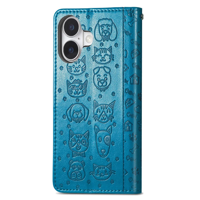 For iPhone 16 Leather Wallet Case Flip Phone Cover with Cute Cat Dog Pattern - Blue - 6