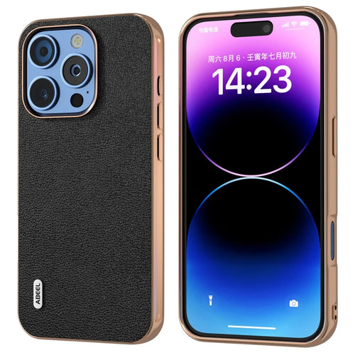 ABEEL For iPhone 16 Pro Max Case Electroplating Edge Genuine Cow Leather Coated PC+TPU Phone Cover - Black - 1