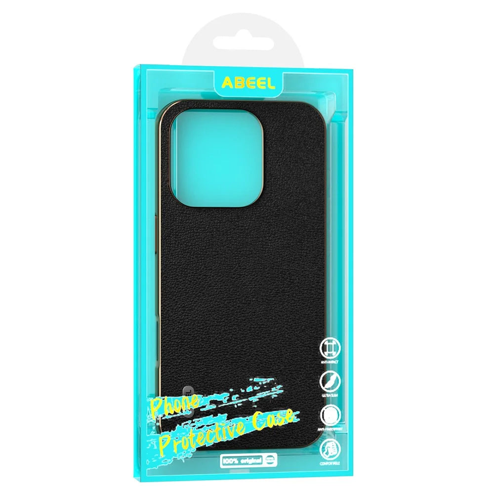 ABEEL For iPhone 16 Pro Case Electroplating Edge Genuine Cow Leather Coated PC+TPU Phone Cover - Black - 5