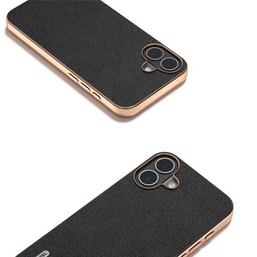 ABEEL For iPhone 16 Plus Case Electroplating Edge Genuine Cow Leather Coated PC+TPU Phone Cover - Black - 2