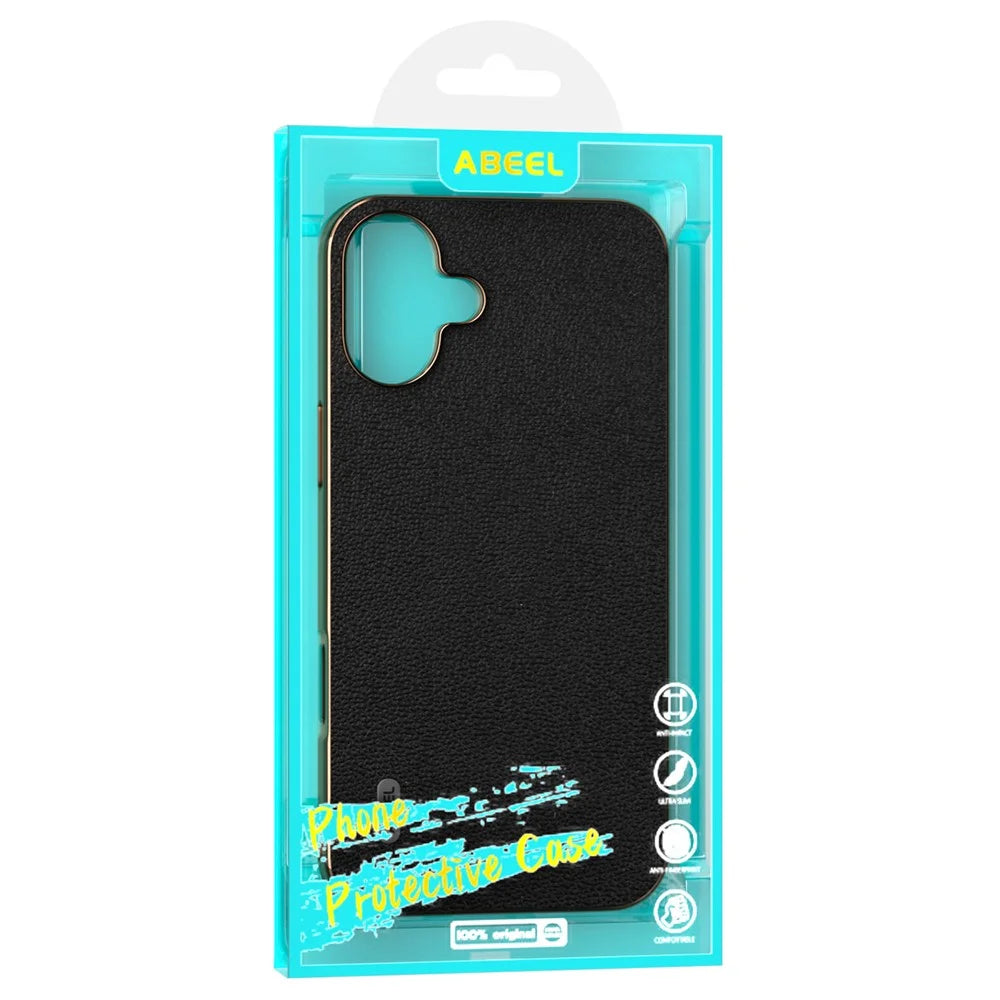 ABEEL For iPhone 16 Plus Case Electroplating Edge Genuine Cow Leather Coated PC+TPU Phone Cover - Black - 5