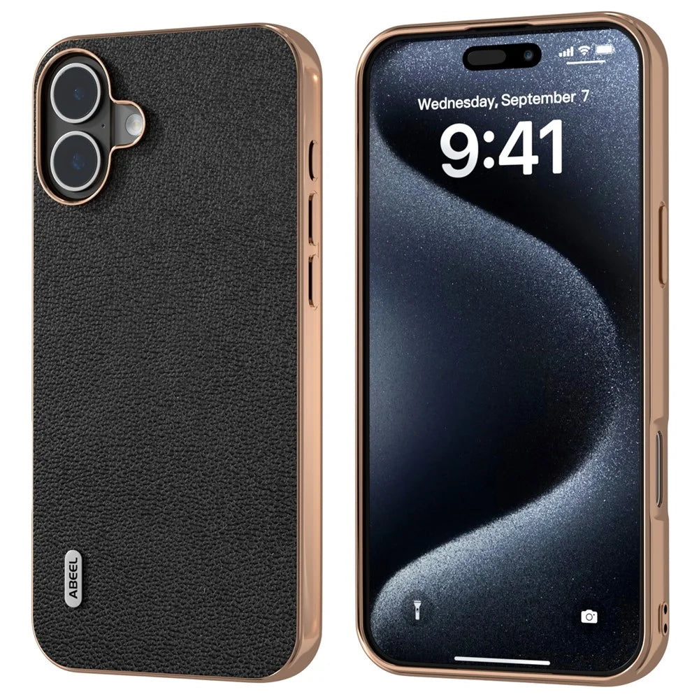 ABEEL For iPhone 16 Case Electroplating Edge Genuine Cow Leather Coated PC+TPU Phone Cover - Black - 1