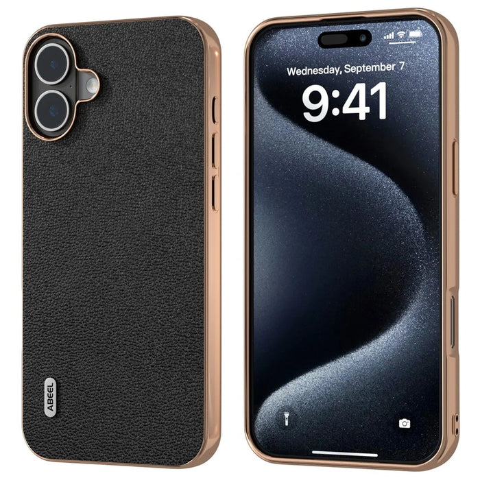 ABEEL For iPhone 16 Case Electroplating Edge Genuine Cow Leather Coated PC+TPU Phone Cover - Black - 1