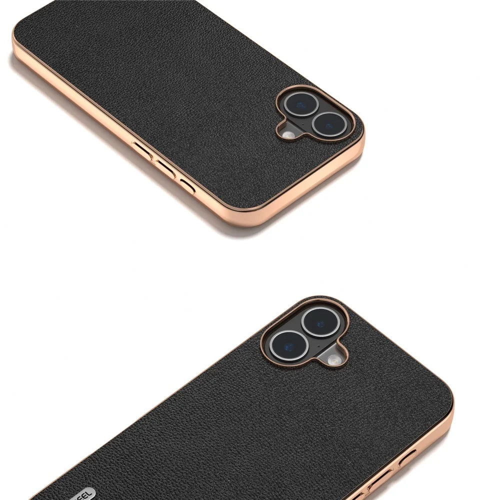 ABEEL For iPhone 16 Case Electroplating Edge Genuine Cow Leather Coated PC+TPU Phone Cover - Black - 2