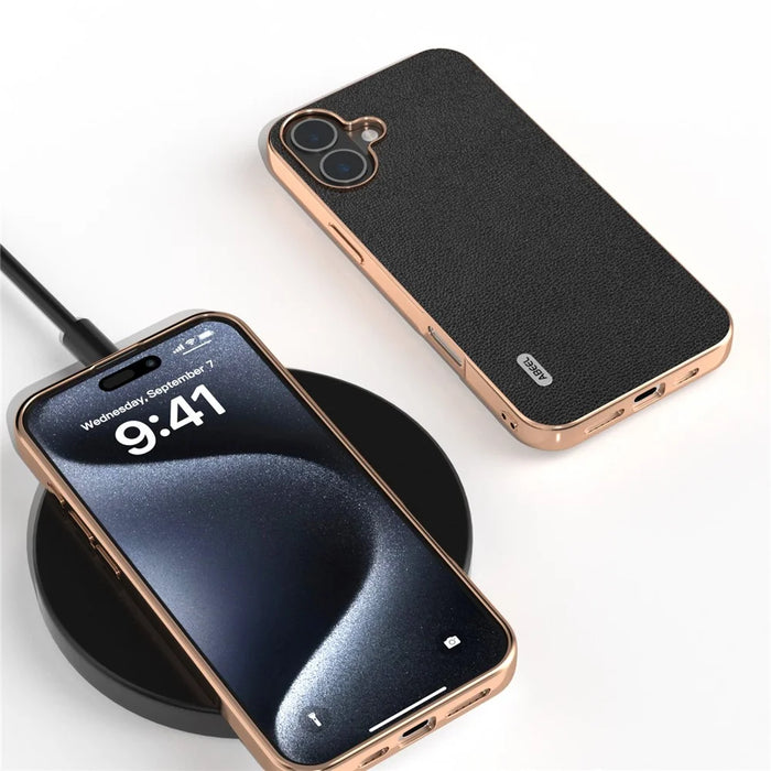 ABEEL For iPhone 16 Case Electroplating Edge Genuine Cow Leather Coated PC+TPU Phone Cover - Black - 3