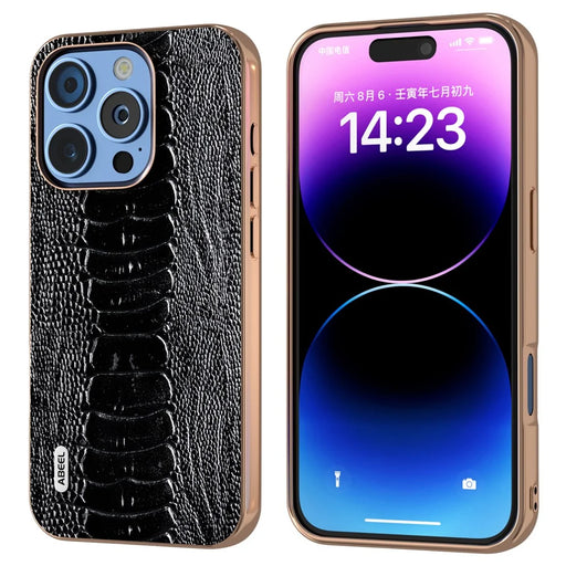 ABEEL For iPhone 16 Pro Max Case Electroplating Edge Crocodile Texture Genuine Cow Leather+TPU+PC Phone Cover - Black - 1