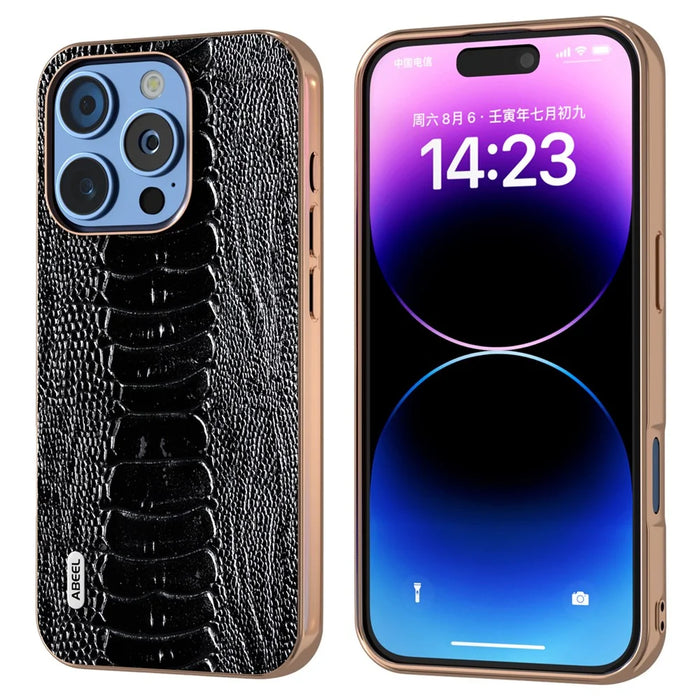 ABEEL For iPhone 16 Pro Max Case Electroplating Edge Crocodile Texture Genuine Cow Leather+TPU+PC Phone Cover - Black - 1