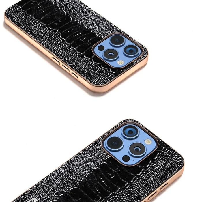 ABEEL For iPhone 16 Pro Max Case Electroplating Edge Crocodile Texture Genuine Cow Leather+TPU+PC Phone Cover - Black - 2