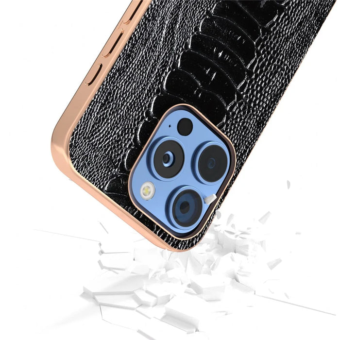 ABEEL For iPhone 16 Pro Max Case Electroplating Edge Crocodile Texture Genuine Cow Leather+TPU+PC Phone Cover - Black - 4