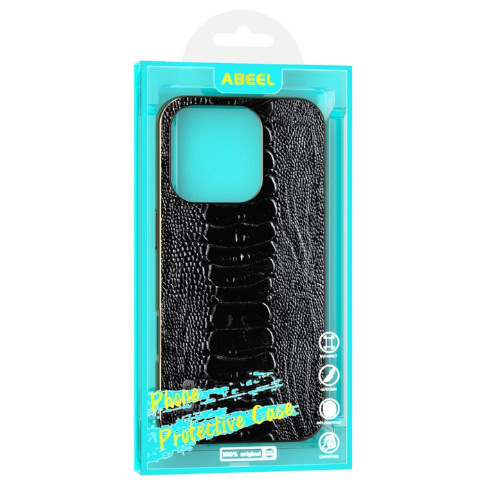 ABEEL For iPhone 16 Pro Max Case Electroplating Edge Crocodile Texture Genuine Cow Leather+TPU+PC Phone Cover - Black - 5