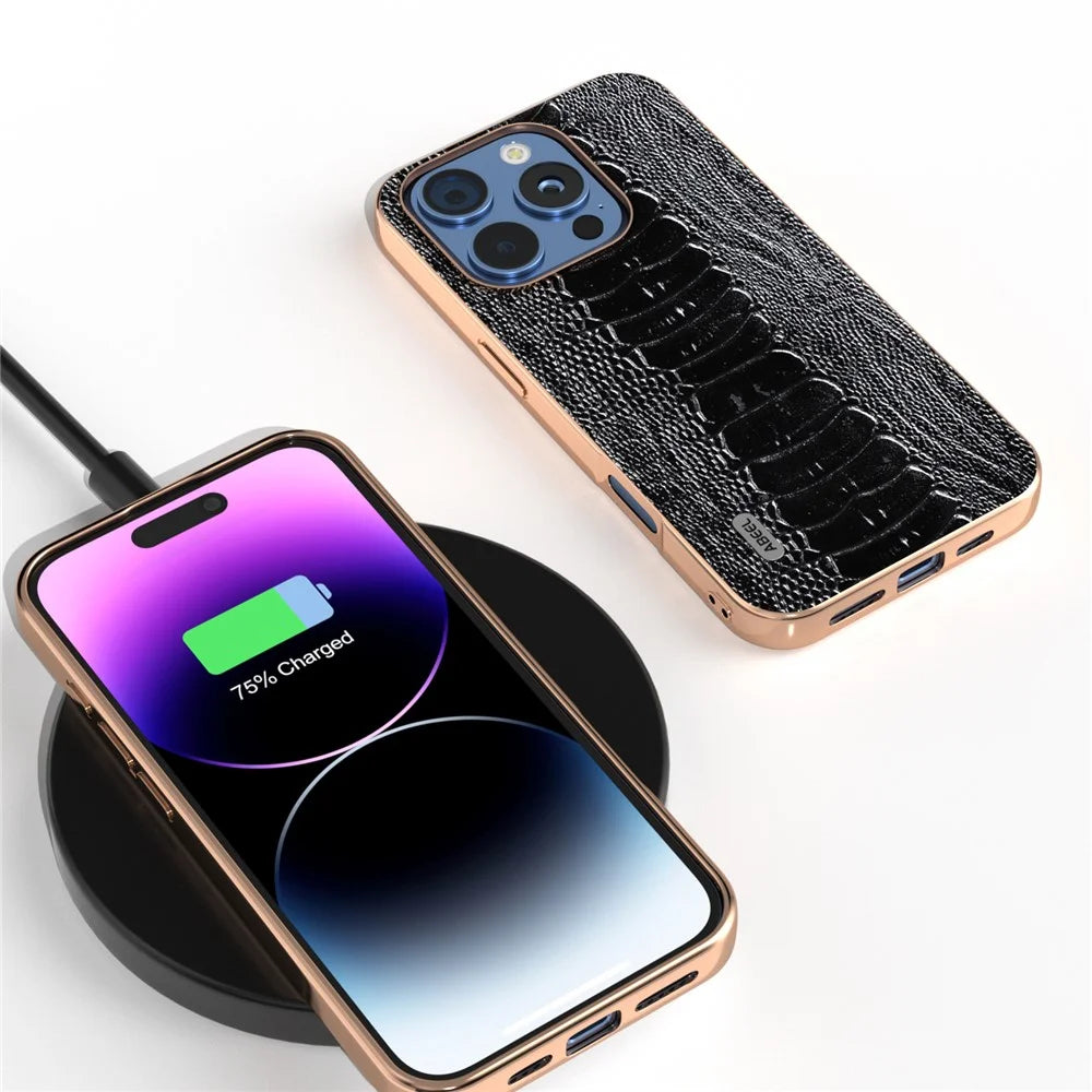 ABEEL For iPhone 16 Pro Case Electroplating Edge Crocodile Texture Genuine Cow Leather+TPU+PC Phone Cover - Black - 3
