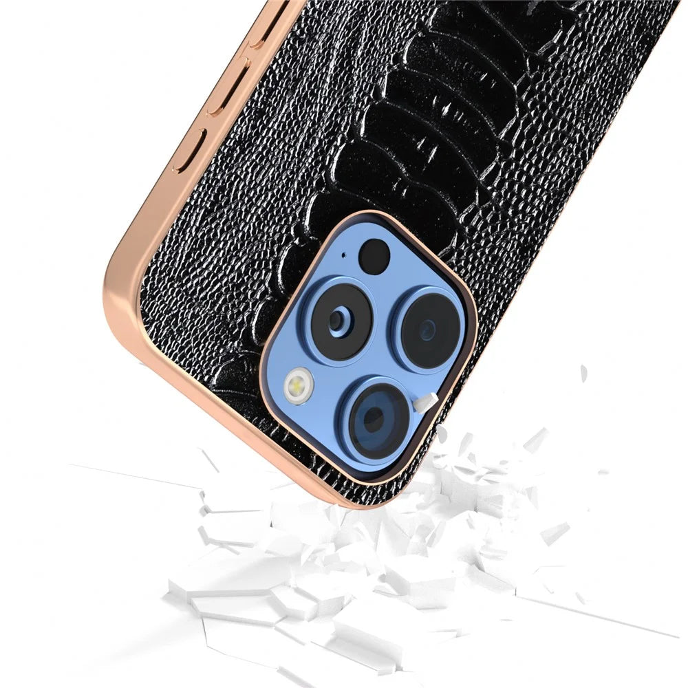 ABEEL For iPhone 16 Pro Case Electroplating Edge Crocodile Texture Genuine Cow Leather+TPU+PC Phone Cover - Black - 4