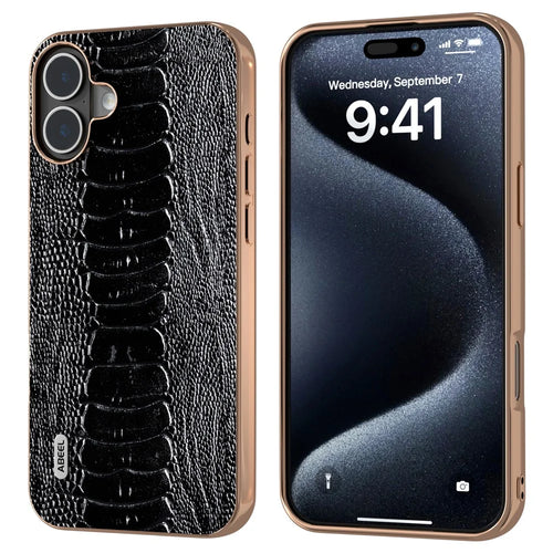 ABEEL For iPhone 16 Plus Case Electroplating Edge Crocodile Texture Genuine Cow Leather+TPU+PC Phone Cover - Black - 1