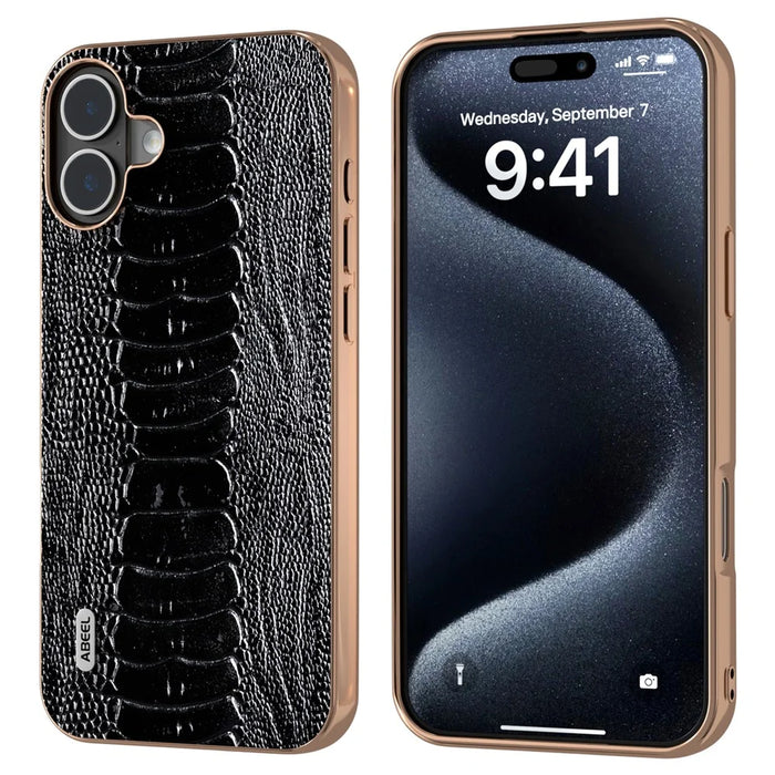 ABEEL For iPhone 16 Plus Case Electroplating Edge Crocodile Texture Genuine Cow Leather+TPU+PC Phone Cover - Black - 1