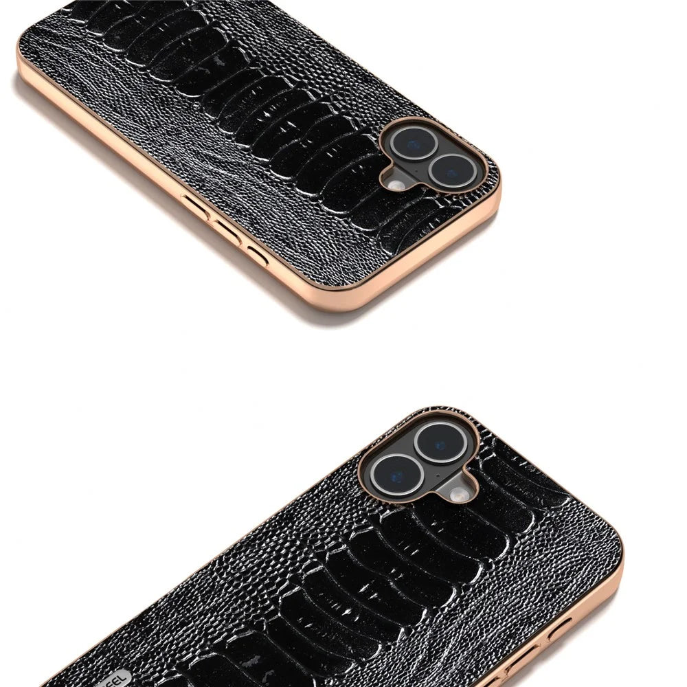 ABEEL For iPhone 16 Plus Case Electroplating Edge Crocodile Texture Genuine Cow Leather+TPU+PC Phone Cover - Black - 2