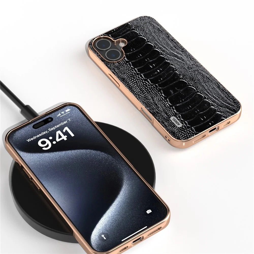 ABEEL For iPhone 16 Plus Case Electroplating Edge Crocodile Texture Genuine Cow Leather+TPU+PC Phone Cover - Black - 3