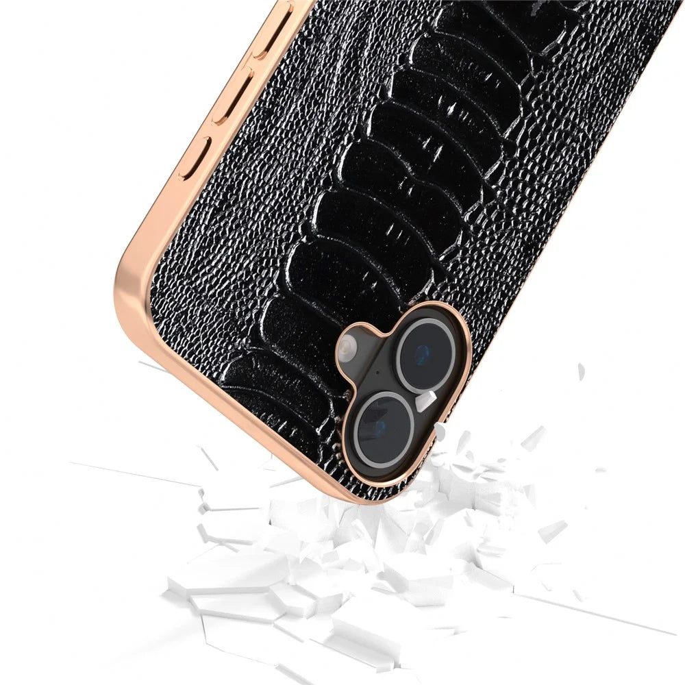 ABEEL For iPhone 16 Plus Case Electroplating Edge Crocodile Texture Genuine Cow Leather+TPU+PC Phone Cover - Black - 4