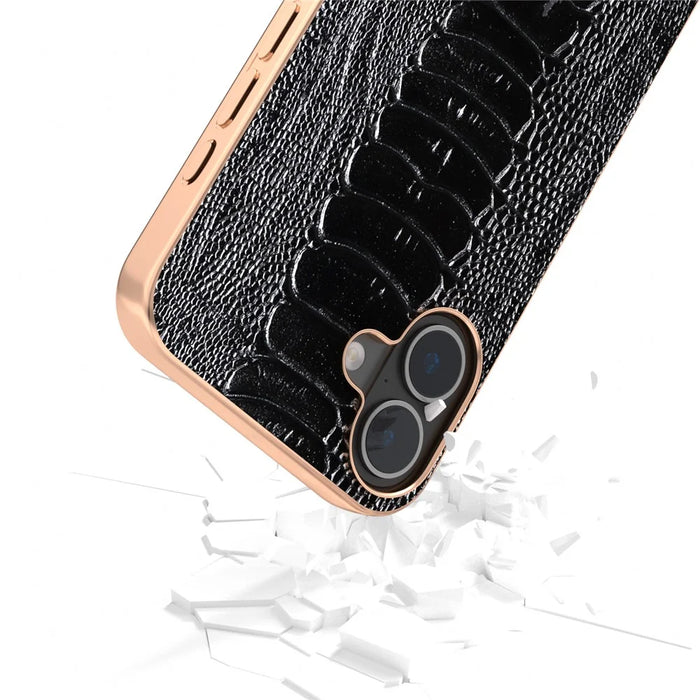 ABEEL For iPhone 16 Plus Case Electroplating Edge Crocodile Texture Genuine Cow Leather+TPU+PC Phone Cover - Black - 4