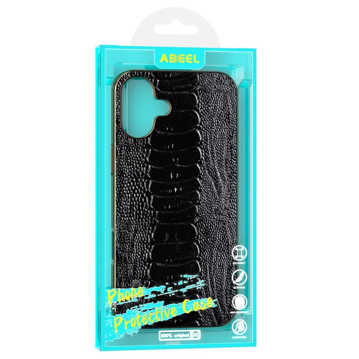 ABEEL For iPhone 16 Plus Case Electroplating Edge Crocodile Texture Genuine Cow Leather+TPU+PC Phone Cover - Black - 5