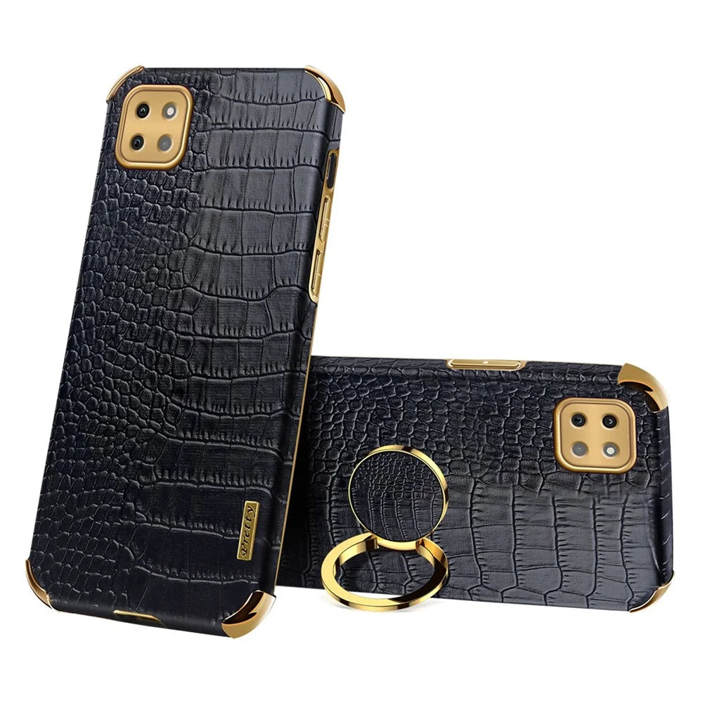 For Samsung Galaxy A22 5G (EU Version) Crocodile Texture PU Leather Coated TPU Case Electroplating Ring Kickstand Phone Cover - Black - 1