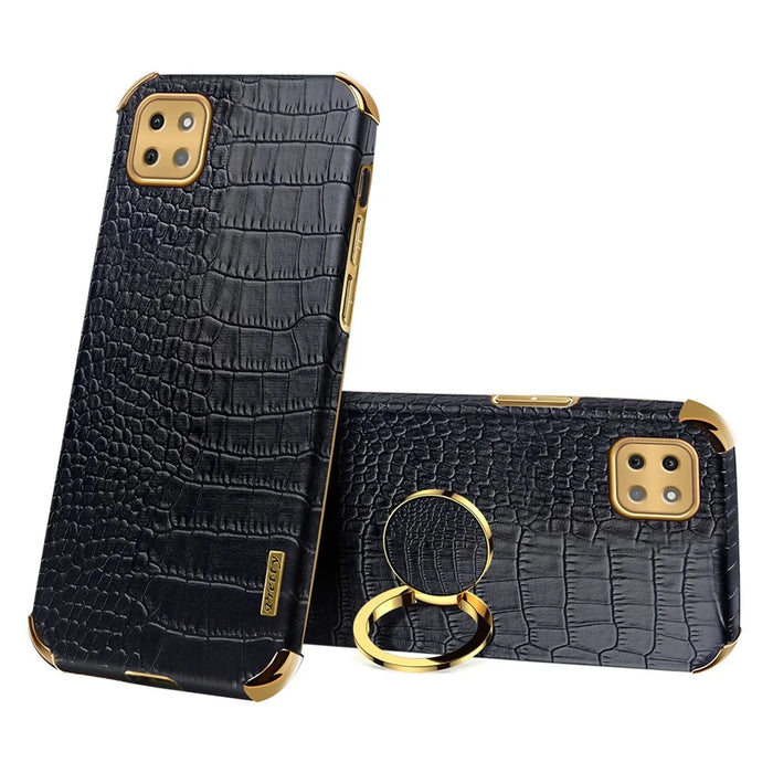 For Samsung Galaxy A22 5G (EU Version) Crocodile Texture PU Leather Coated TPU Case Electroplating Ring Kickstand Phone Cover - Black - 1