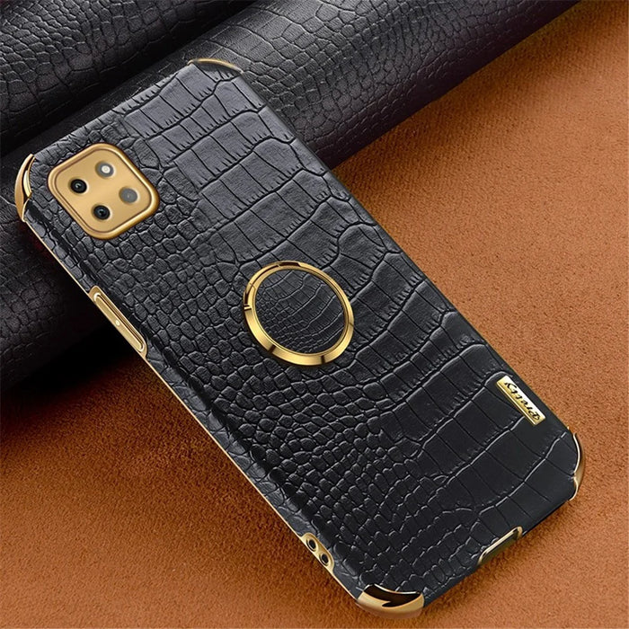 For Samsung Galaxy A22 5G (EU Version) Crocodile Texture PU Leather Coated TPU Case Electroplating Ring Kickstand Phone Cover - Black - 2