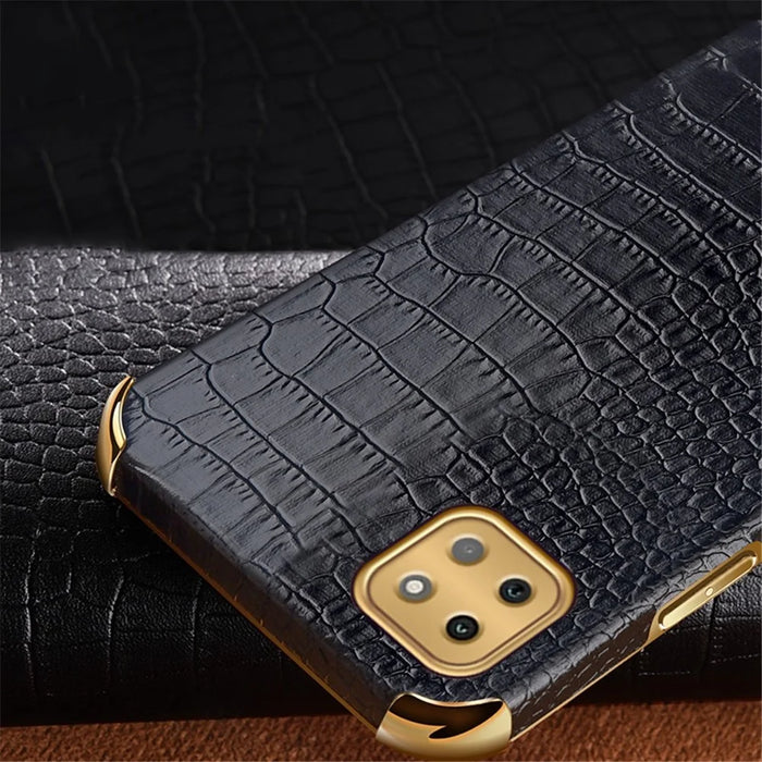 For Samsung Galaxy A22 5G (EU Version) Crocodile Texture PU Leather Coated TPU Case Electroplating Ring Kickstand Phone Cover - Black - 5