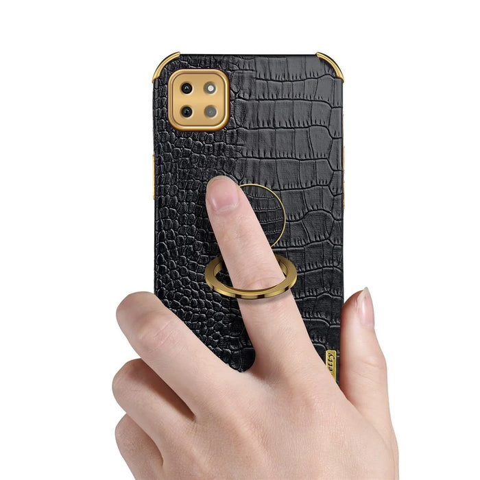 For Samsung Galaxy A22 5G (EU Version) Crocodile Texture PU Leather Coated TPU Case Electroplating Ring Kickstand Phone Cover - Black - 6